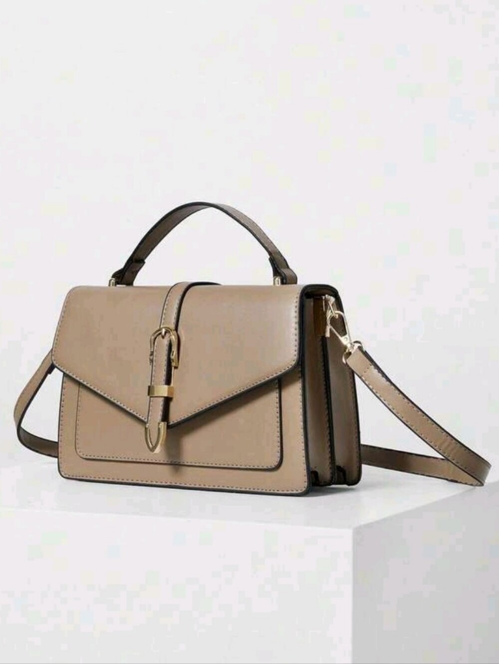 BRAND NEW ** Taupe Structured Top-Handle Crossbody Bag with Gold Hardware